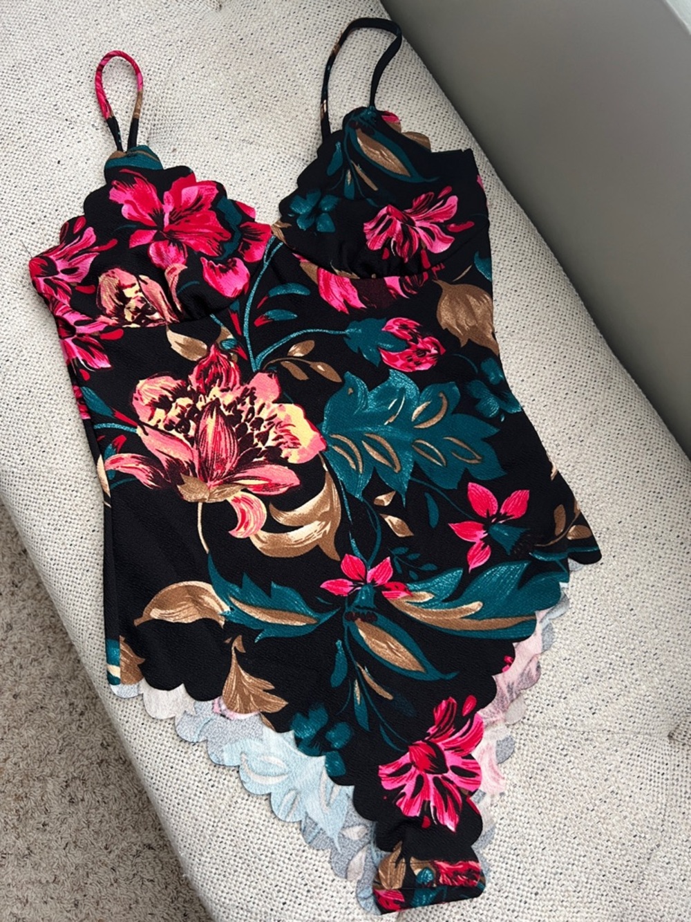 SHEIN Black Floral Scallop-Edge Cami Bodysuit with Pink & Teal Flowers